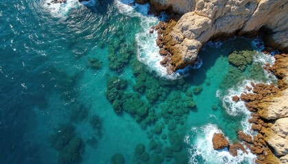Aerial drone view of clear turquoise ocean water with submerged rocks and waves crashing against a rocky cliffside. Coastal erosion shaping natural landscape with clear blue sea.
