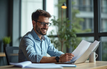 Fototapeta premium Smiling man with glasses works with papers at desk. Laptop, mug nearby. Modern office setting. He reviews documents and seems pleased with his work.
