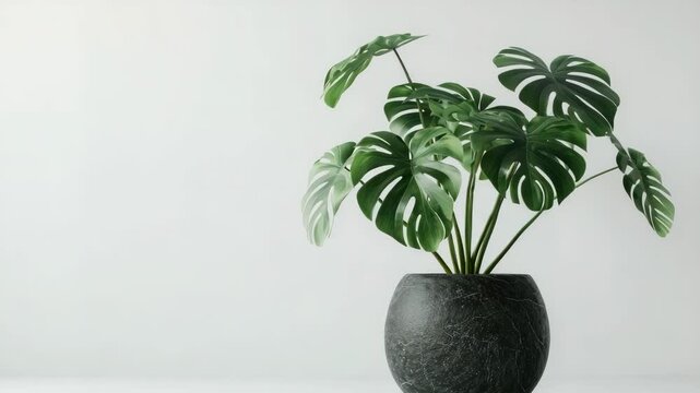 A single potted plant with large leaves in a black vase. The white background enhances the natural beauty of this indoor plant.