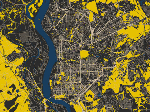 Flat city map of Tomsk, Russian Federation in noir yellow color palette