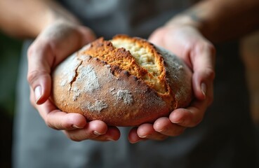 Hands hold fresh baked sourdough loaf. Rustic whole grain bread has golden brown crust with flour dusting. Natural wheat bake from kitchen.