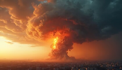 Fototapeta premium Massive fire plume rises over city during dramatic sunset. Intense smoke cloud with orange glow erupts into sky. Catastrophic event unfolds as daylight fades.