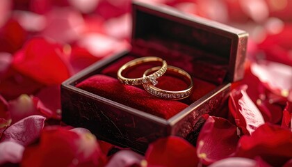 Wedding rings in box on rose petals