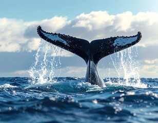 Whale tail splashing ocean