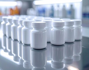 White pill bottles in pharmacy