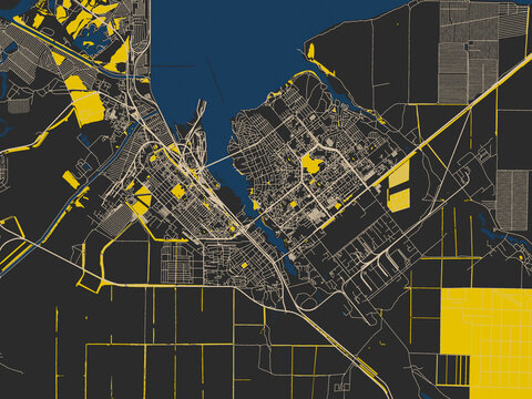 Abstract city map of Volgodonsk, Russian Federation with dark map with yellow accents