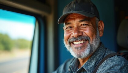 Mature Pacific Islander man with grey beard wears cap smiles warmly inside truck cab. Friendly male driver looking out window ready for road trip. Transportation industry professional.