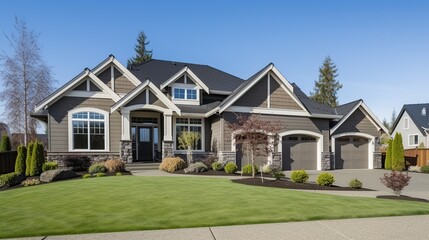 A magnificent modern suburban house with a well-maintained lawn and mature trees under a clear blue sky.