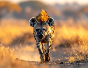 Spotted hyena walking in golden light