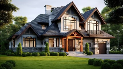 A magnificent, upscale stone and wood-accented house nestled amongst lush green trees and manicured landscaping.
