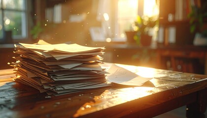 Stack of papers sunlight interior