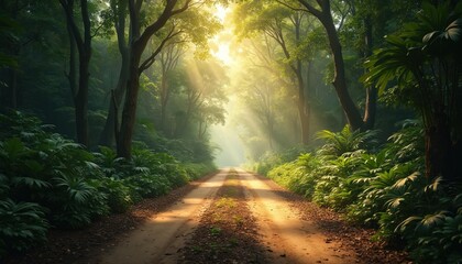 Obraz premium Dirt road winds through dense green jungle. Sunlight streams through lush trees illuminating a path into a vibrant forest. Overgrown foliage lines both sides of the way forward.