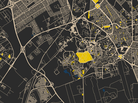 Urban map of Dhahran, Saudi Arabia in a dark flat palette: near-black map field with ivory road grid, bright yellow blocks and dark blue rivers and harbors