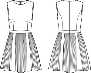 Women's Mini Dress Technical Fashion Flat Sketch, Sleeveless Bodice, High Waist, Accordion Pleated Skirt, CAD Template Vector Illustration.