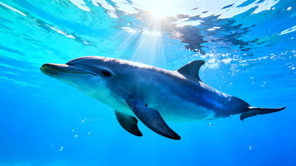 Fototapeta premium Dolphin swimming underwater bright sunlight rays blue ocean surface tropical marine life aquatic mammal nature wildlife sea creature playful animal freedom deep water environment sunbeams