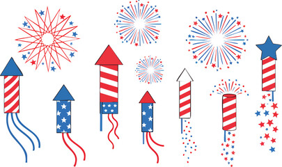 Obraz premium Patriotic fireworks and rocket illustrations in red, white and blue