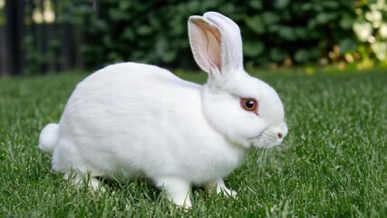 A white rabbit with pink ears and eyes sits attentively in a lush lawn.