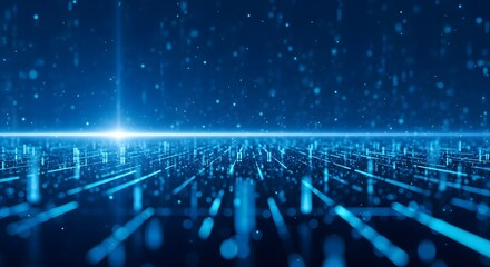 Abstract digital cityscape with glowing lines and a bright horizon representing future technology