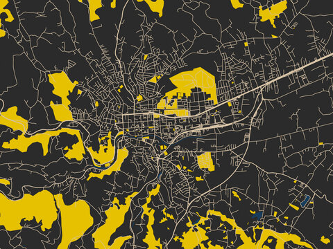 Modern graphic street map of Valjevo, Serbia, with dark noir-style city field with soft cream lines and strong yellow points of interest against deep blue water