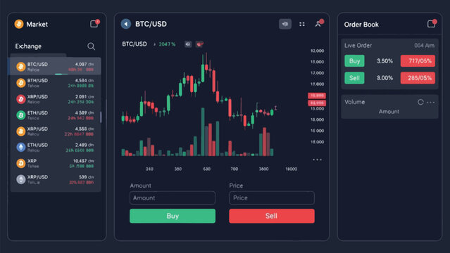 A dark mode cryptocurrency exchange platform interface displaying BTC/USD trading charts, market data, and order book for digital asset transactions.