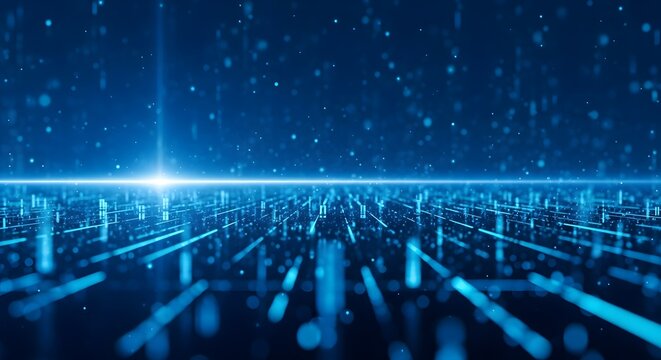 Abstract digital cityscape with glowing lines and a bright horizon representing future technology - Powered by Adobe