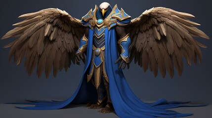 A majestic winged rior, resembling a bird of prey, adorned in ornate blue and gold armor, stands with immense feathered wings spread wide.