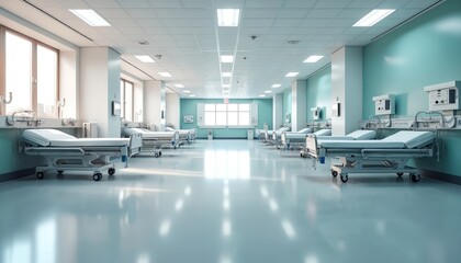 An empty hospital ward with beds. Bright windows cast light on sterile floors and clean medical equipment. This modern healthcare facility is ready for patients.