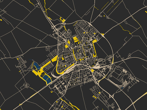 Urban map of Trnava, Slovakia in a dark flat palette: graphite black base with warm cream road network, signal-yellow open areas and inky blue waterways