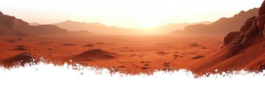 Red desert planet landscape with dusty terrain rocky mountains under hazy sky. Vast arid empty wasteland offers scene for Mars exploration or science fiction stories. Discover alien world. - Powered by Adobe