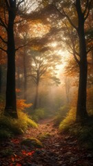 Obraz premium Autumn forest path with sunlight
