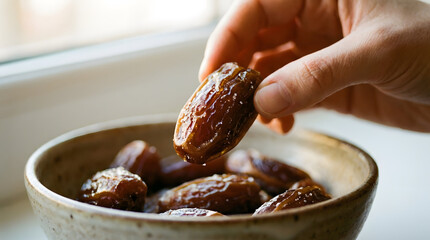 A hand breaking fast with a date from a bowl during Ramadan Kareem Background