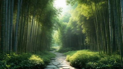 Obraz premium Bamboo forest path with sunlight