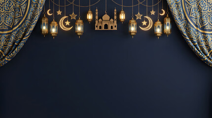 Ramadan Kareem Mubarak Background with Iftar Decorations and Lanterns in a Serene Night Scene