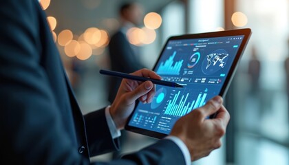Man in suit uses tablet with charts and world map. Data analysis shows global trends and statistics. Professional reviews financial info on modern device, planning business strategy.