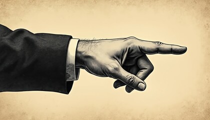 Retro style illustration shows a formal hand pointing right. The pointing gesture indicates direction or selection. This classic graphic art conveys guidance or a choice.