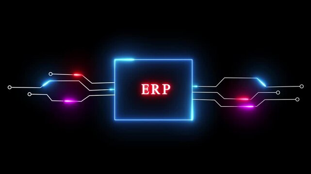 Neon text animation on black background. ERP - neon text animation. Glowing neon line technology animation.