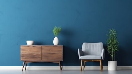 A minimalist living room corner with a blue wall, a wooden dresser, a grey armchair, and potted plants