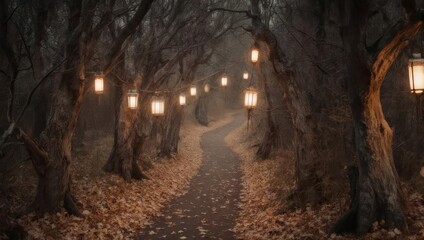 Obraz premium Mysterious pathway through an ancient forest with warm glowing lanterns.