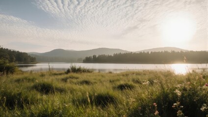 Obraz premium Peaceful morning sunrise over a misty lake and green meadow.