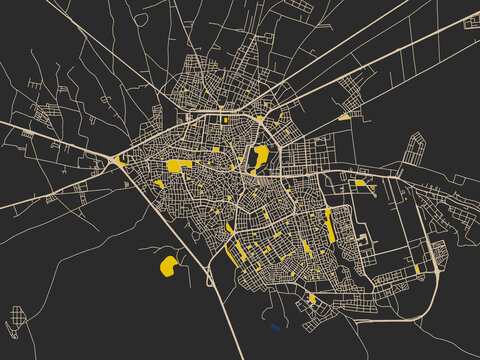 Decorative abstract map of Karaman, T&uuml;rkiye, featuring graphite black base with warm cream road network, signal-yellow open areas and inky blue waterways