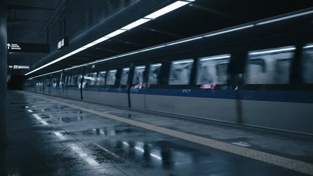 Subway train moving fast on a wet, dark, urban platform with vivid reflections and clear safety markings