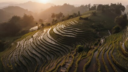 Terraced Rice Fields at Sunset - A Golden Landscape of Agriculture.