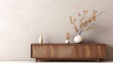 A minimalist living room corner with a wooden credenza adorned with decorative vases and dried floral arrangements against a neutral wall.