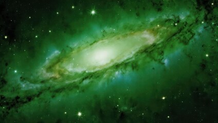 Vibrant Green Spiral Galaxy in Deep Space with Twinkling Stars.
