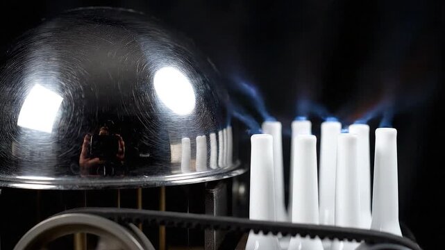 Close-up detail of a chrome-plated dome reflecting light, with small, white ceramic tubes emitting a soft blue glow against a dark background