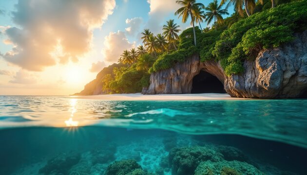 Split view shows tropical island cave entrance beach, palm trees, green lush cliff. Clear turquoise sea water reveals coral reef below. Sunrise casts golden light on calm ocean waves.
