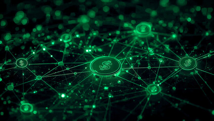Obraz premium Connected dollar icons on a green glowing futuristic blockchain network