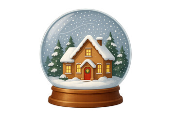 Snow globe illustrating a winter scene with a cozy house, evergreen trees, and falling snow, transparent background