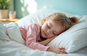 Fototapeta premium Blond girl sleeps soundly in white bed, wrapped in blanket. Child rests peacefully on pillow, dreaming sweetly in soft morning light. Her face shows calm and innocence.