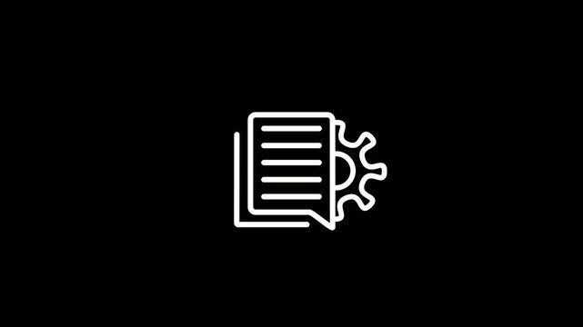 White outline icon of document and gear on black background image photo